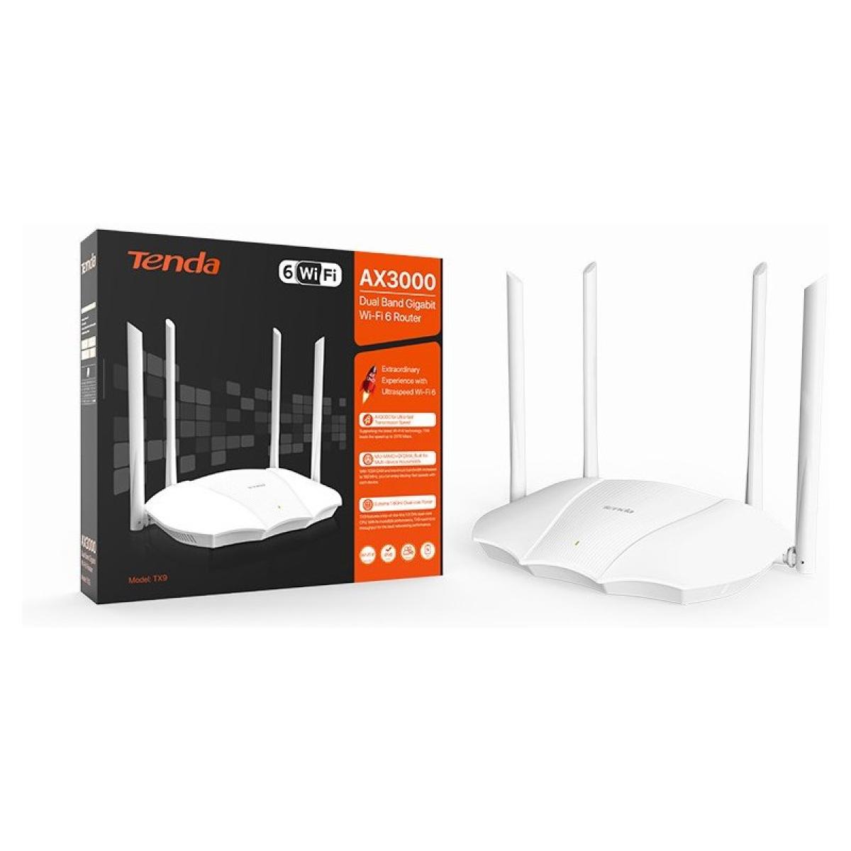 Tenda TX9 Wi-Fi 6 Router AX3000 Dual Band (2.4 GHz / 5 GHz) 3 Port Gigabit Ethernet, WPA3 Network Security, Intel Chipset Dual-core processor 1.6 GHz +OFDMA, Parental Control - White