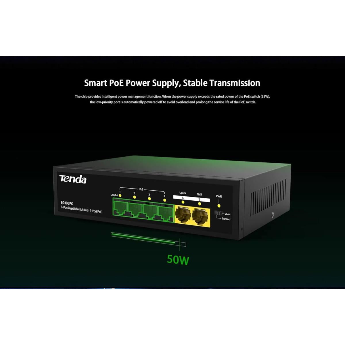 Unknown Tenda SG106PC 4 - Port Gigabit PoE Switch with 2 - Port Gigabit Uplink 802.3af Compliant 45W Built - in Power Unmanaged Metal Case