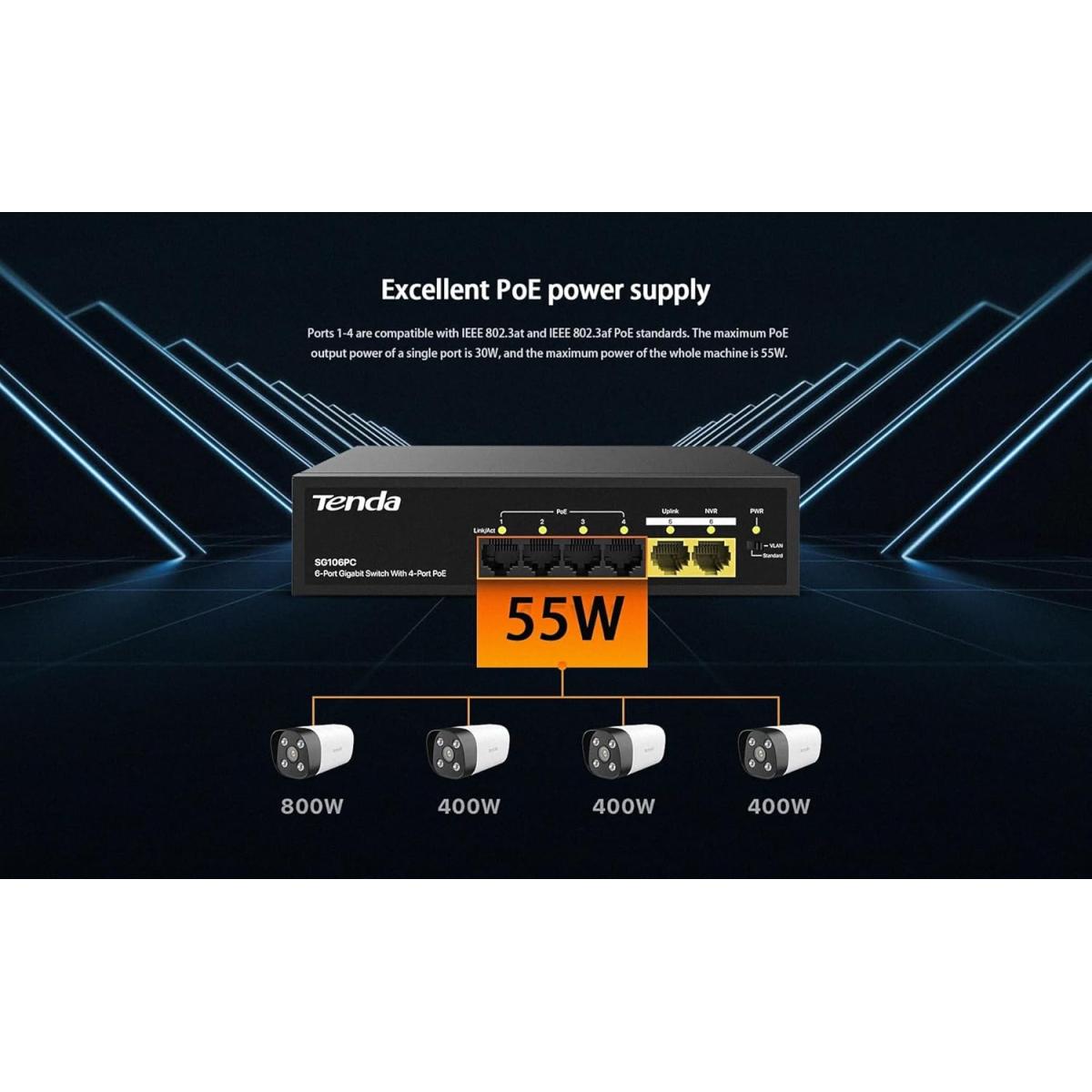 Unknown Tenda SG106PC 4 - Port Gigabit PoE Switch with 2 - Port Gigabit Uplink 802.3af Compliant 45W Built - in Power Unmanaged Metal Case