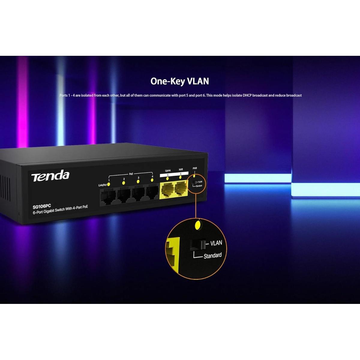 Unknown Tenda SG106PC 4 - Port Gigabit PoE Switch with 2 - Port Gigabit Uplink 802.3af Compliant 45W Built - in Power Unmanaged Metal Case