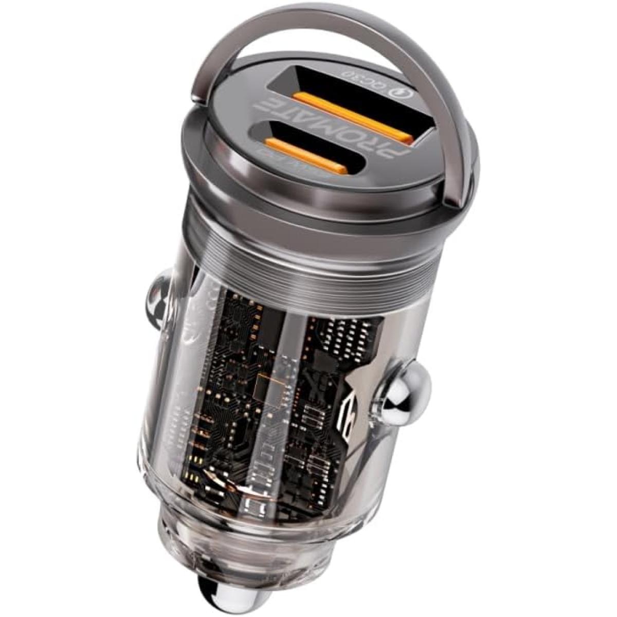 Promate Car Charger, Transparent 65w Ultra Compa Car Adapter With Usb Type C Power Delivery Port, Usb A Port, Mini Handle And Heat Proteion Compatible For Iphone 17, Galaxy 23