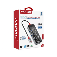 Promate TransHub-Go USB-C™ Hub 9-in-1 Multi-Display Media Hub 4K@60Hz