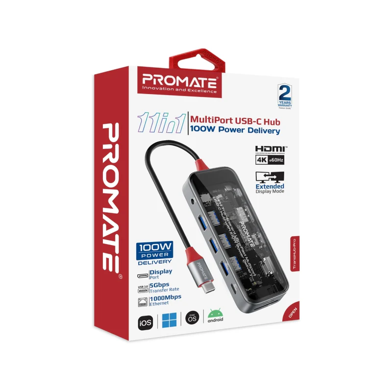 Promate TransHub-Pro USB-C Hub 11-in-1 Multi-Display 2x 4K HDMI 4K DisplayPorts