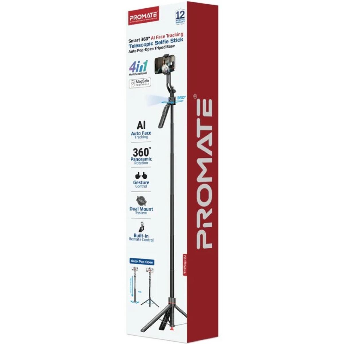 Promate Tripop Ai Smart Tripod With 176cm Telescopic Rod, Auto Pop Base, 360° Ai Face Tracking, Gesture Control, Dual Mount Clamp & Magnetic, Bluetooth 5.4 Remote For Ios & Android Black