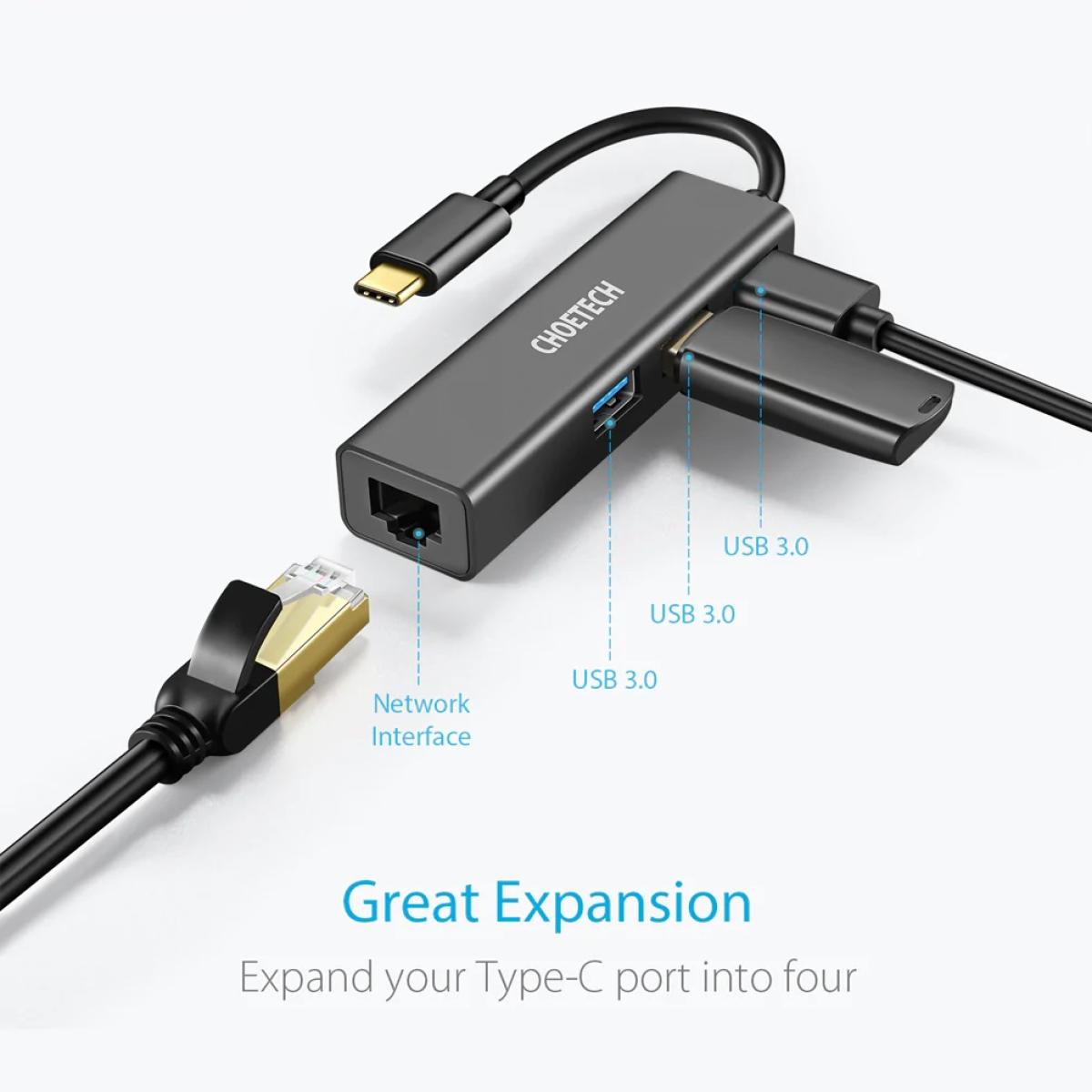 CHOETECH Convertor Type-C To Ethernet Giga + 3*USB| HUB-U02 CHOETECH Convertor Type-C To Ethernet Giga + 3*USB| HUB-U02