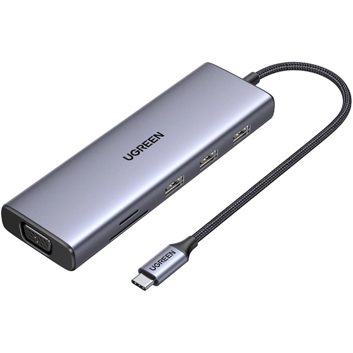 Ugreen CM498 15600 USB-C Adapter - 3x USB-A 3.0 / HDMI / VGA / RJ45 / SD / TF Card Reader / USB-C PD - Gray