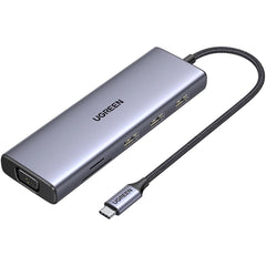Ugreen CM498 15600 USB-C Adapter - 3x USB-A 3.0 / HDMI / VGA / RJ45 / SD / TF Card Reader / USB-C PD - Gray