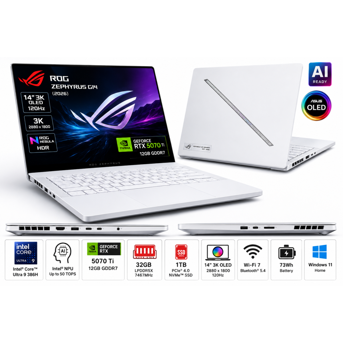 ASUS ROG Zephyrus G14 (2026) GU405AR-SY015 Gaming Laptop | Intel Core Ultra 9 386H | RTX 5070 Ti 12GB | 32GB LPDDR5X | 1TB SSD | 14" 3K OLED 120Hz | Platinum White