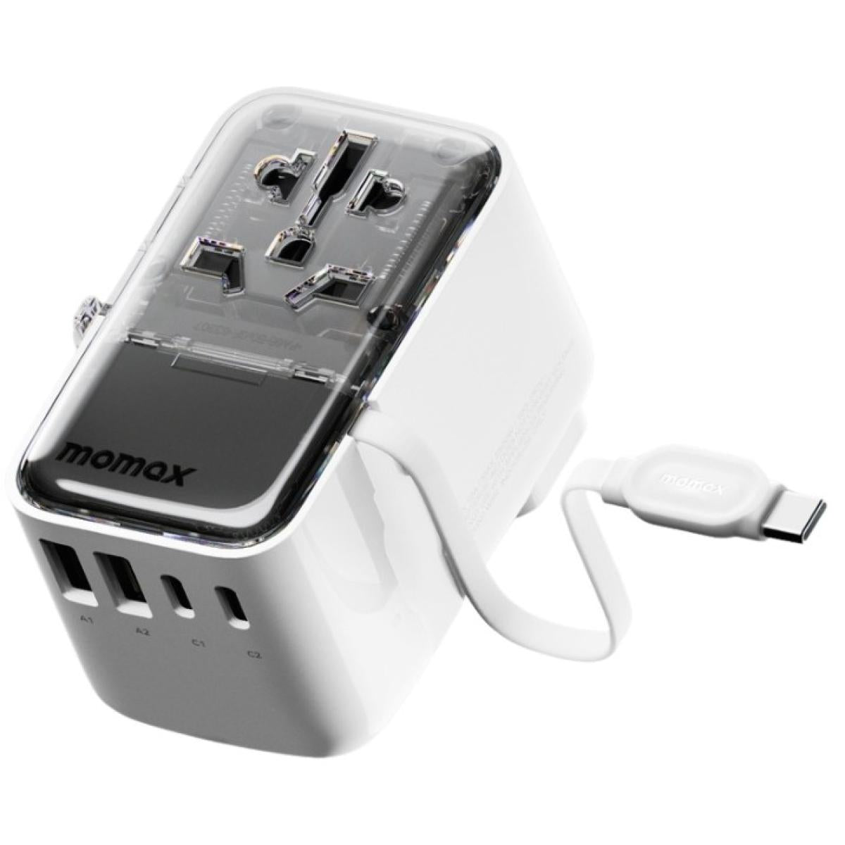 Momax World+ Flow 35W 4-Port charger is a universal travel charger featuring a compa and lightweight design. It includes 4 ports (2 USB-A and 2 USB-C) with a built-in retractable USB-C cable- White