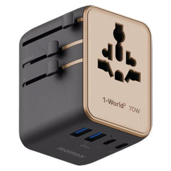 Momax 1 World² 5 Port Mini Universal Travel Gan Charger 70w With Dual Ac Desert Titanium