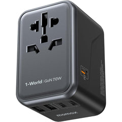 MOMAX Universal Travel Adapter 70W GaN, 3 USB-C PD & 2 USB-A QC, International Power Adapter Outlet, 6-in-1 Wall Charger for Laptop, Phone, European Travel Plug Adapter for UK/US/AUS/JP - Black