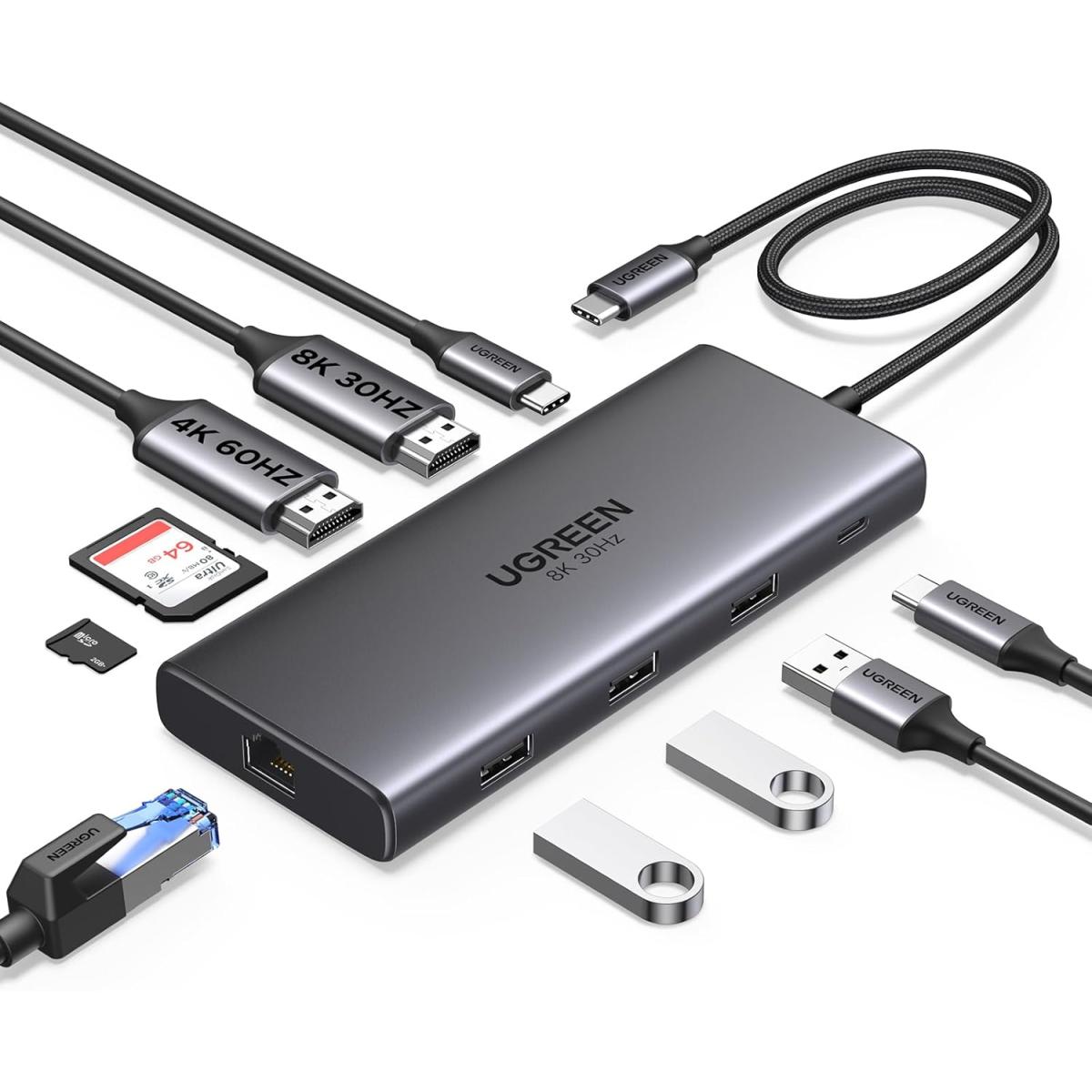 UGREEN 10 in 1 Docking Station USB - C Dock Dual HDMI 4K@60Hz Single 8K@30Hz 100W PD 5Gbps USB - C and USB A Data Ports Gigabit Ethernet