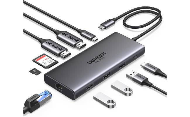 UGREEN 10 in 1 Docking Station USB - C Dock Dual HDMI 4K@60Hz Single 8K@30Hz 100W PD 5Gbps USB - C and USB A Data Ports Gigabit Ethernet