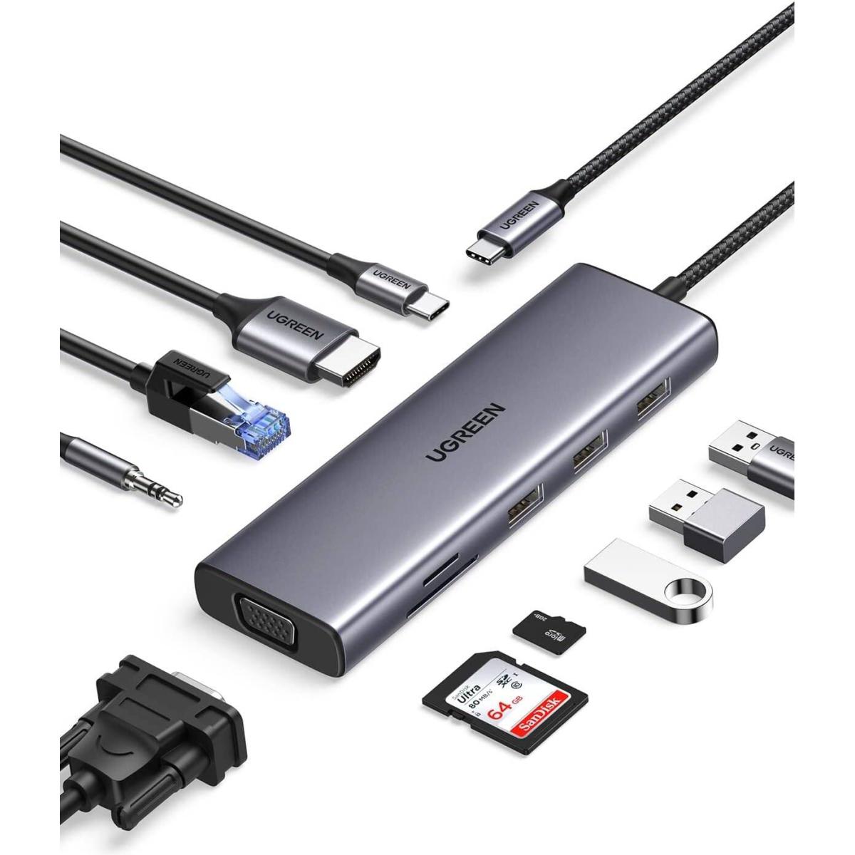 Ugreen 10 In 1 Usb C Hub, Up To 4k @ 30hz Display, 1gbps Ethernet Speed, 100w Passthrough, 5gbps Data Transfer Rate, 3.5mm Audio, Rj45 Ethernet, Hdmi, Usb C, 3x Usb A, Sd/tf Card Slot, Vga