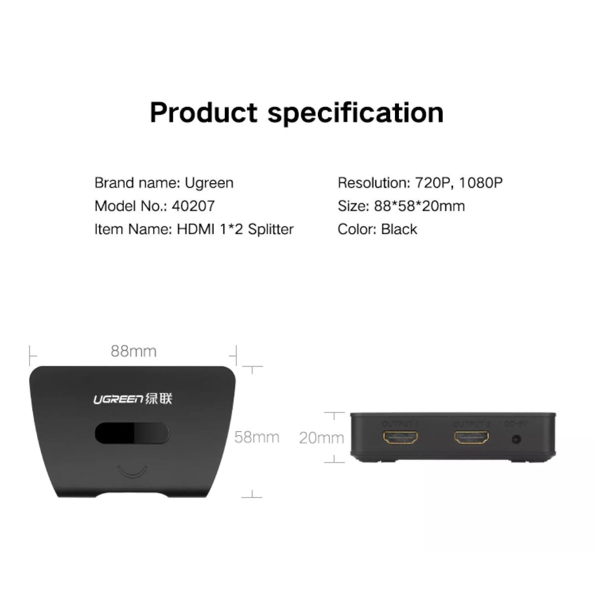 Ugreen 40207 Hdmi Splitter 4k 30hz 1 In 2 Out Black Ugreen 40207 Hdmi Splitter 4k 30hz 1 In 2 Out Black