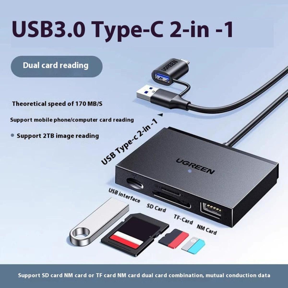 Ugreen 45178 2 In 1 USB A / Type C to Sd / Tf / Nm Card Reader for Apple / Huwei / Android