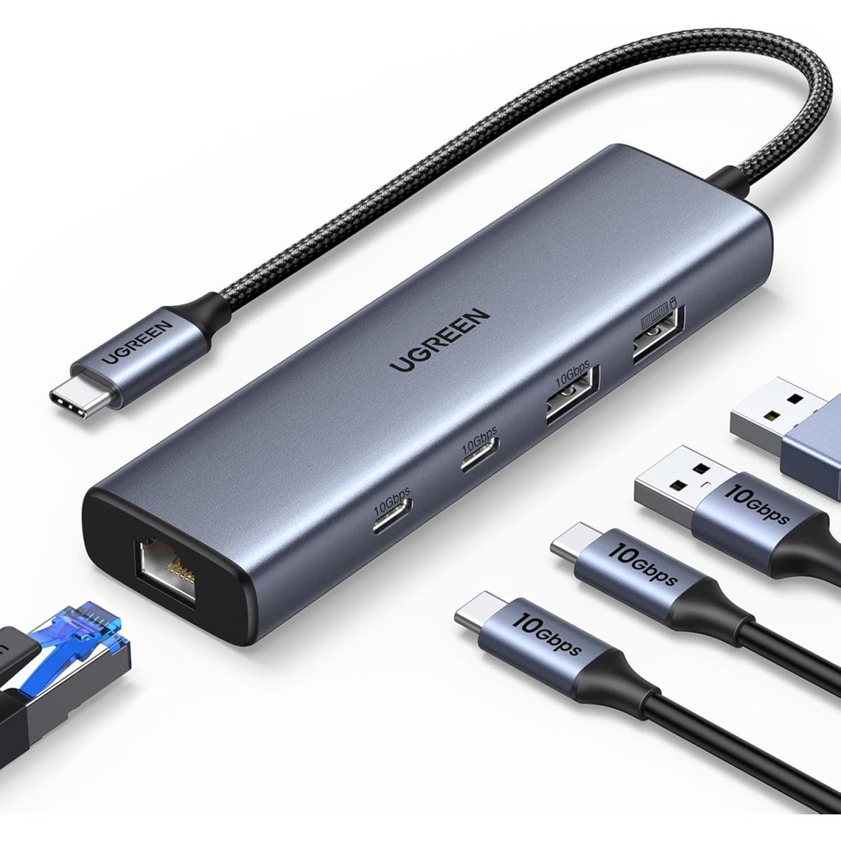 Ugreen 6 In 1 Hub Usb C To Ethernet Adapter, 10gbps Data Port Usb C, Ethernet With 2*usb C 3.2, Usb A 3.2/2.0, Gigabit Rj45, Power Port (only For Adapter), Type C To Network Dongle For Laptop, Macbook, Xps