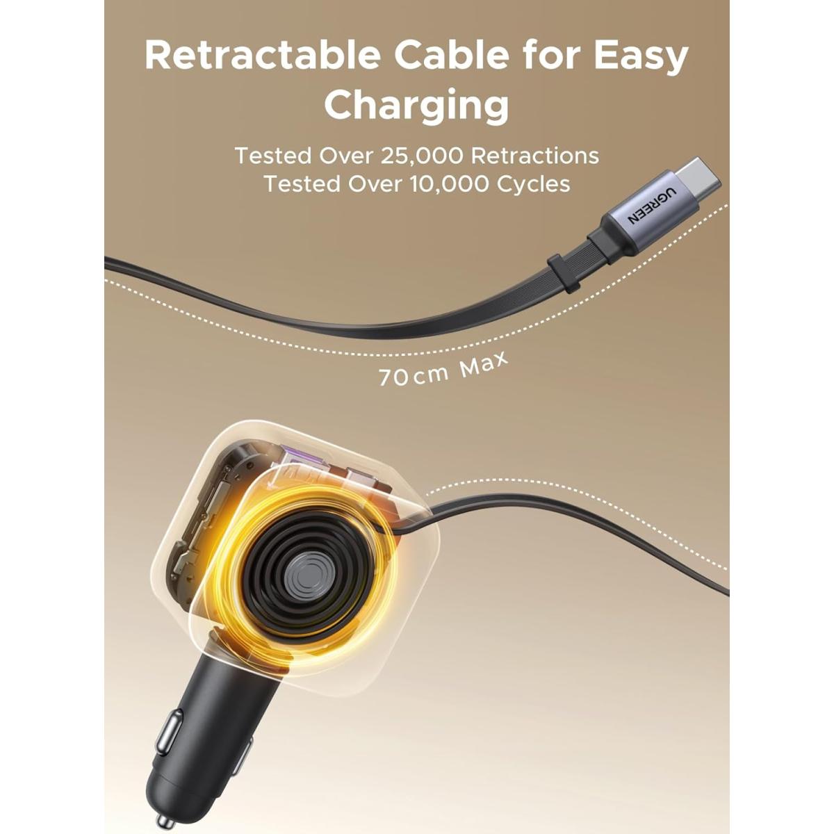 Ugreen 60w Car Charger with Retraable Cable, adapter