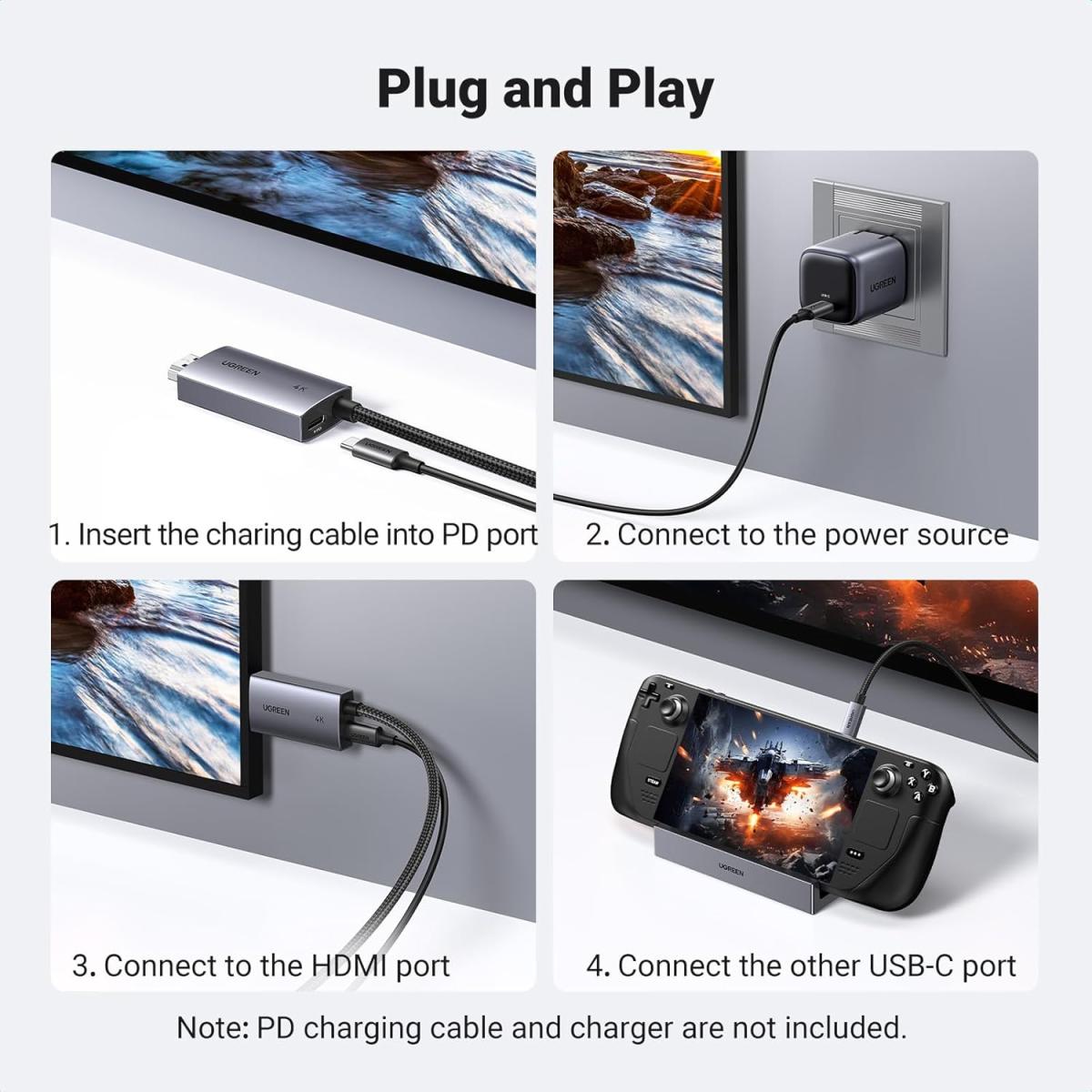 Ugreen with 100w S25 60hz 2 meter 4k USB HDMI USB cable to Pd Fast Charging Adapter