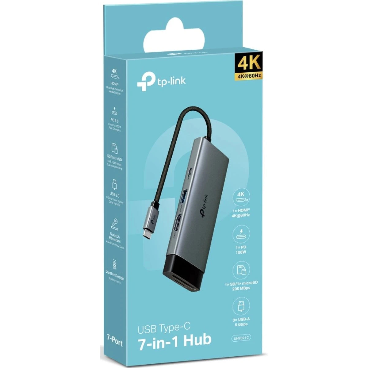 TP-Link UH7021C 7 in 1 USB C Hub, PD100W, 4K 60Hz HDMI, 1 × USB C, 2 × USB A, SD and microSD cards up to 200 MB/s, Plug and Play, Compatible with MacOS, Windows, Linux, iPad OS, iOS, Android