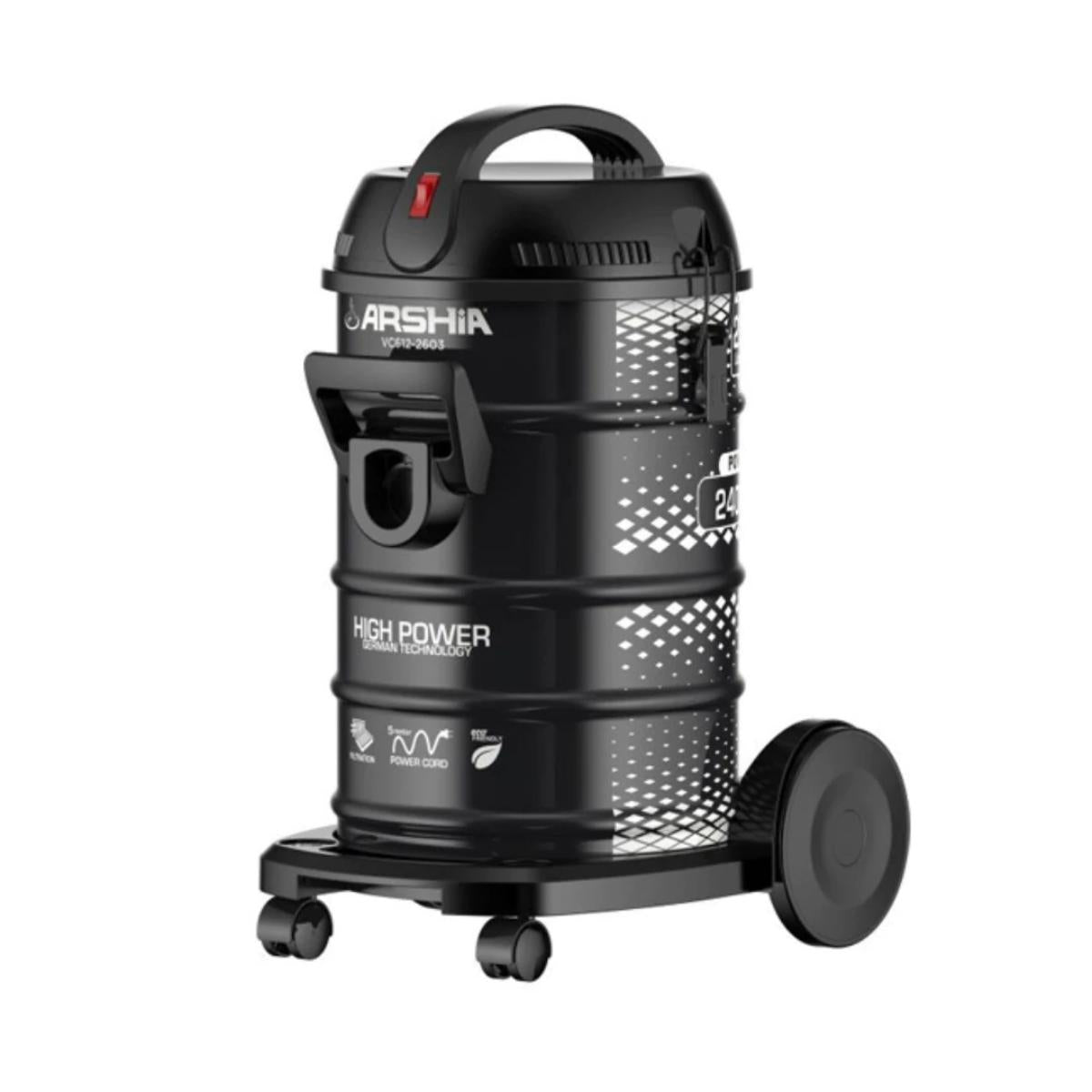 Arshia Drum Vacuum Cleaner, Meatal Body, Turbo Brush, 2400Watts, 23Lit, Black - 2604BS