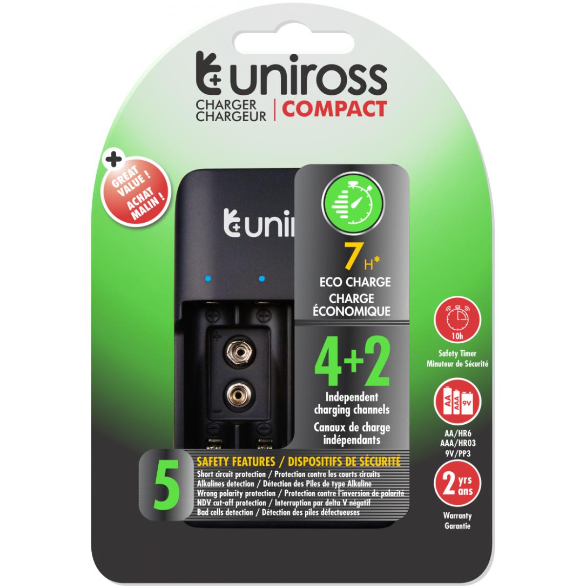 Uniross UCU004A USB Compa Multi Charger with 4x AA 2100 Batteries & USB Charging
