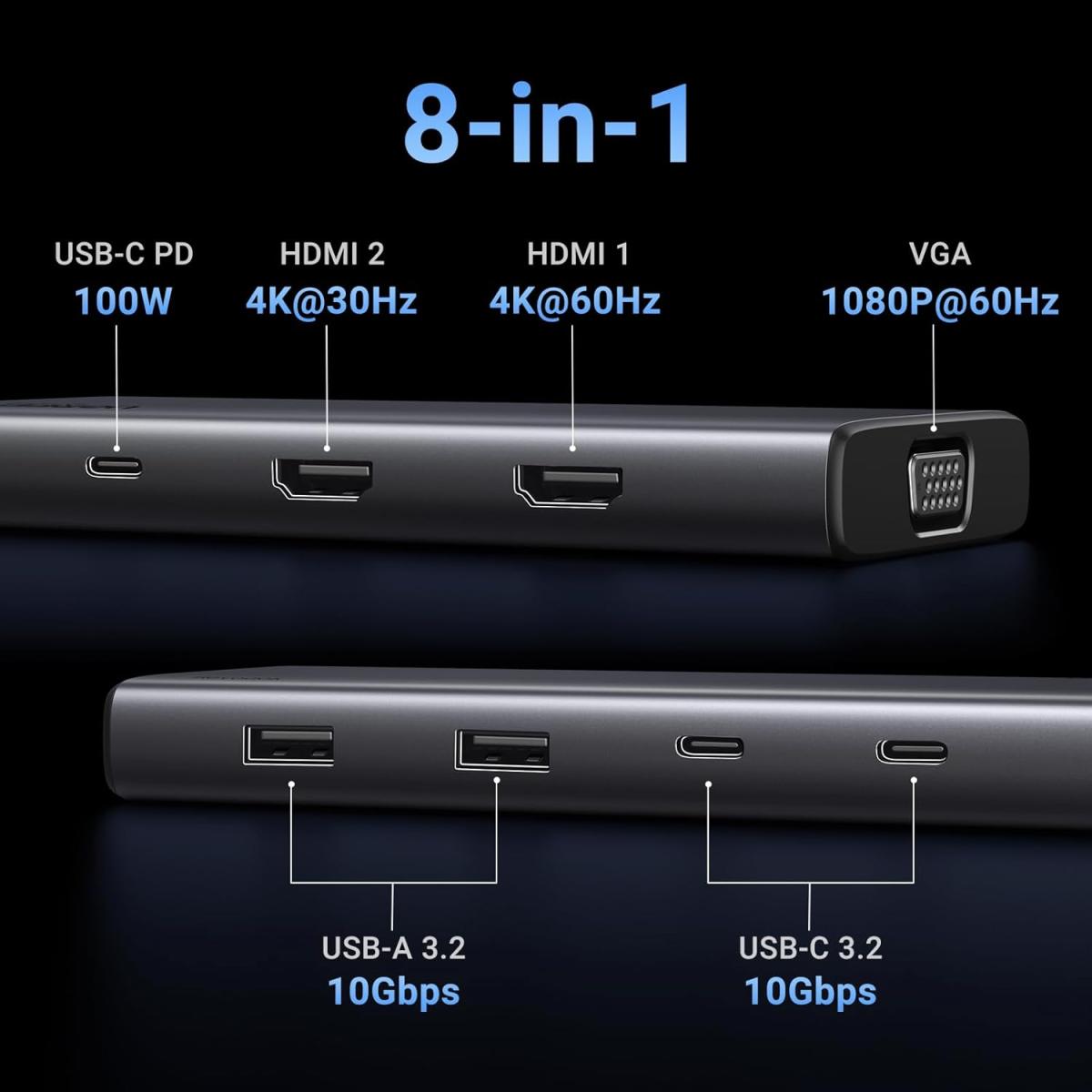 UGREEN - Revodok 308 (8in1) USB - C 4K Docking Station Dual Monitor 2 HDMI