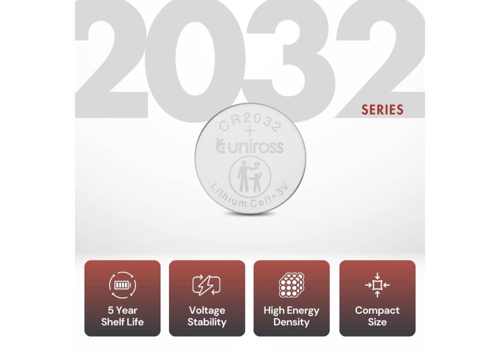 Uniross CR2032 Lithium Coin Cells – 3V, Leak‑Proof, Child‑Safe Packaging, Extreme Temperature Performance, 1-Piece