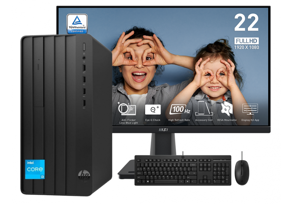 HP Pro Tower 290 G9 PCI Desktop, Intel Core i3-14100 4.7GHz, 8GB DDR4-3200, 512 GB SSD, Wi-Fi 6, BT 5.3 w/ MSI PRO MP225V Monitor | 14th Generation