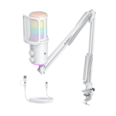 Gaming USB Microphone, Noise Cancellation Condenser Mic with Mute,Boom Arm Mic-Reverb Adjustment, Monitoring for Streaming, Podcasting, Discord, YouTube,PC, Computer, PS4, PS5, Mac-White