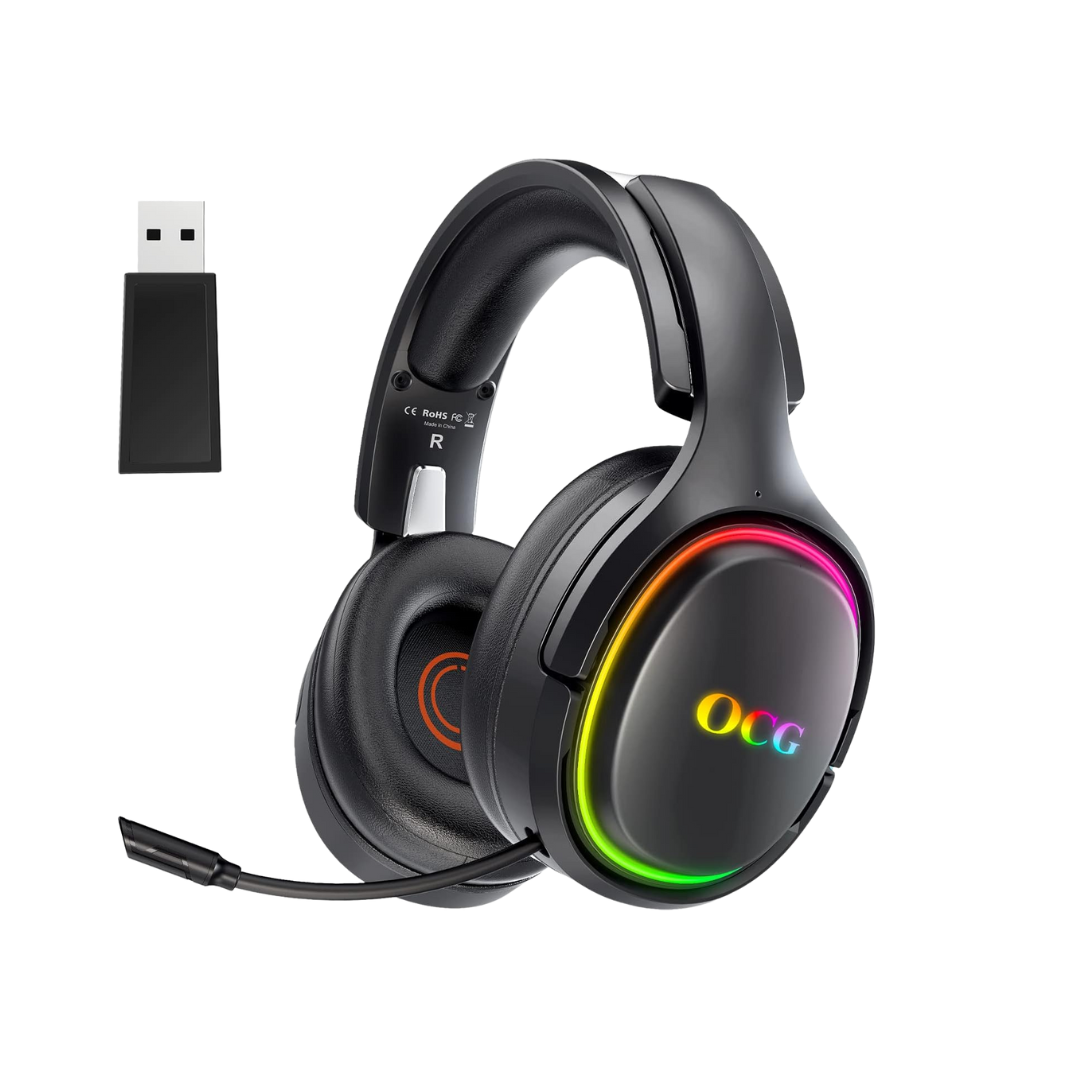 OCG Gaming Headset 2.4GHz Bluetooth Wireless Gaming Headphones for PS5 PS4 PC with Retractable Microphone,RGB Light Wireless Headset Wired Mode for Mac Switch PS2 Black