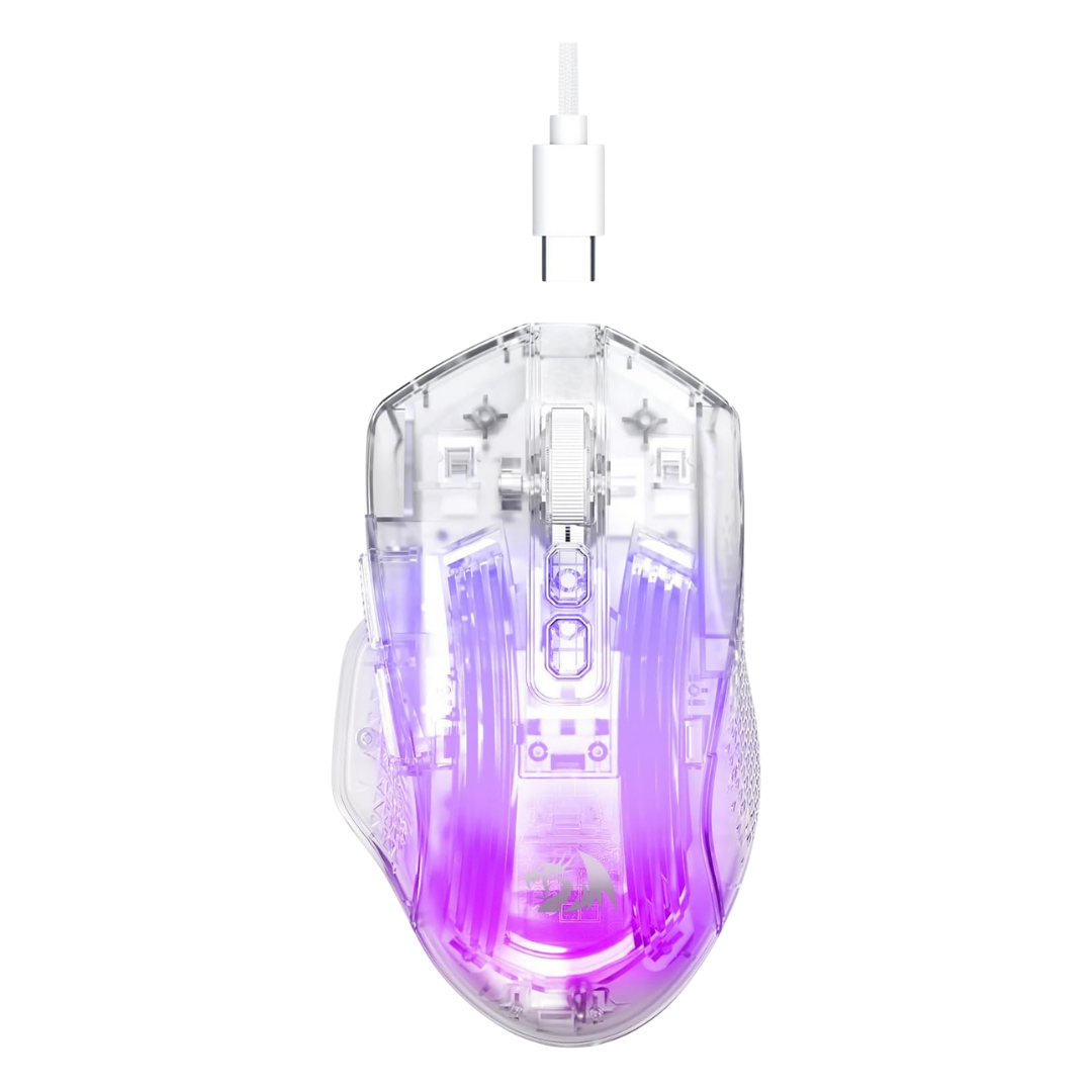 Redragon Wired Gaming Mouse, 24,000 DPI, 7 Programmable Button, 2 Side Buttons, 8 RGB LED Backlit Mode, Clear Transparent Shell, Light up Gamer Mice, Soft Cable for PC/Mac/Xbox, White