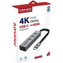 Promate MediaHub-C3 Aluminum USB-C to HDMI Adapter Ultra-Compa Type-C to 4K 30Hz HDMI Hub w/ 3 USB 3.0 Sync Charge 5Gbps Ports