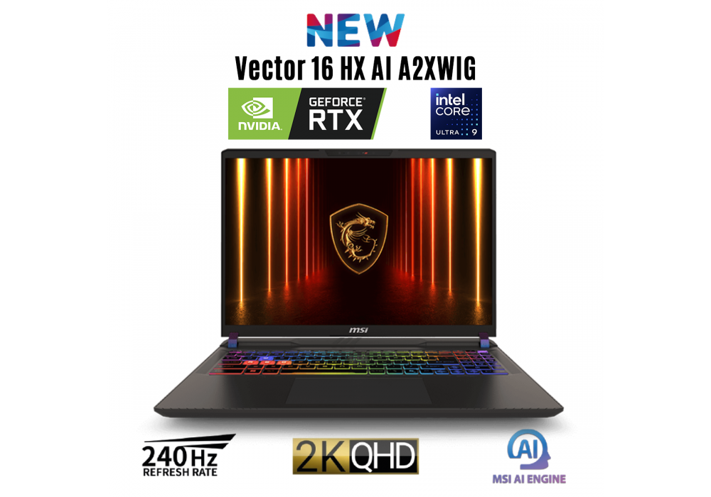 New Laptop MSI Vector 16 HX AI A2XWIG Intel® Core™ Ultra 9 275HX 24 Core NVIDIA RTX 5080 16GB GDDR7, 32 GB DDR5, 1TB SSD, 16" QHD+ (2560 x 1600) 240Hz IPS, Windows 11 Home, Intel® Killer™ BE Wi-Fi 7 + Bluetooth 5.4 - Cosmos Gray