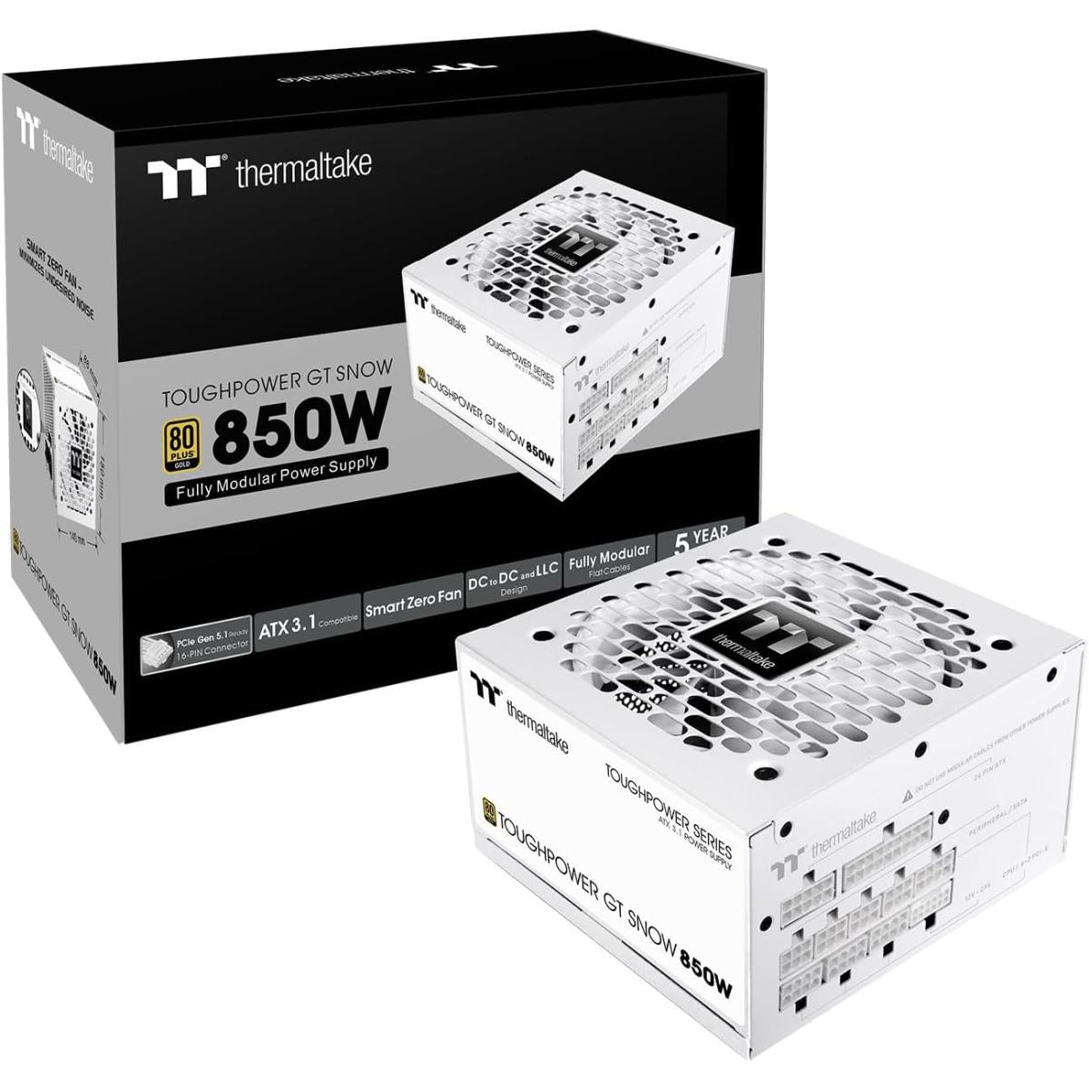 Thermaltake Toughpower GT 850W ATX 3.1 80 Plus Gold Fully Modular Smart Zero Fan; Native 450W PCIe 5.1 Connector , White