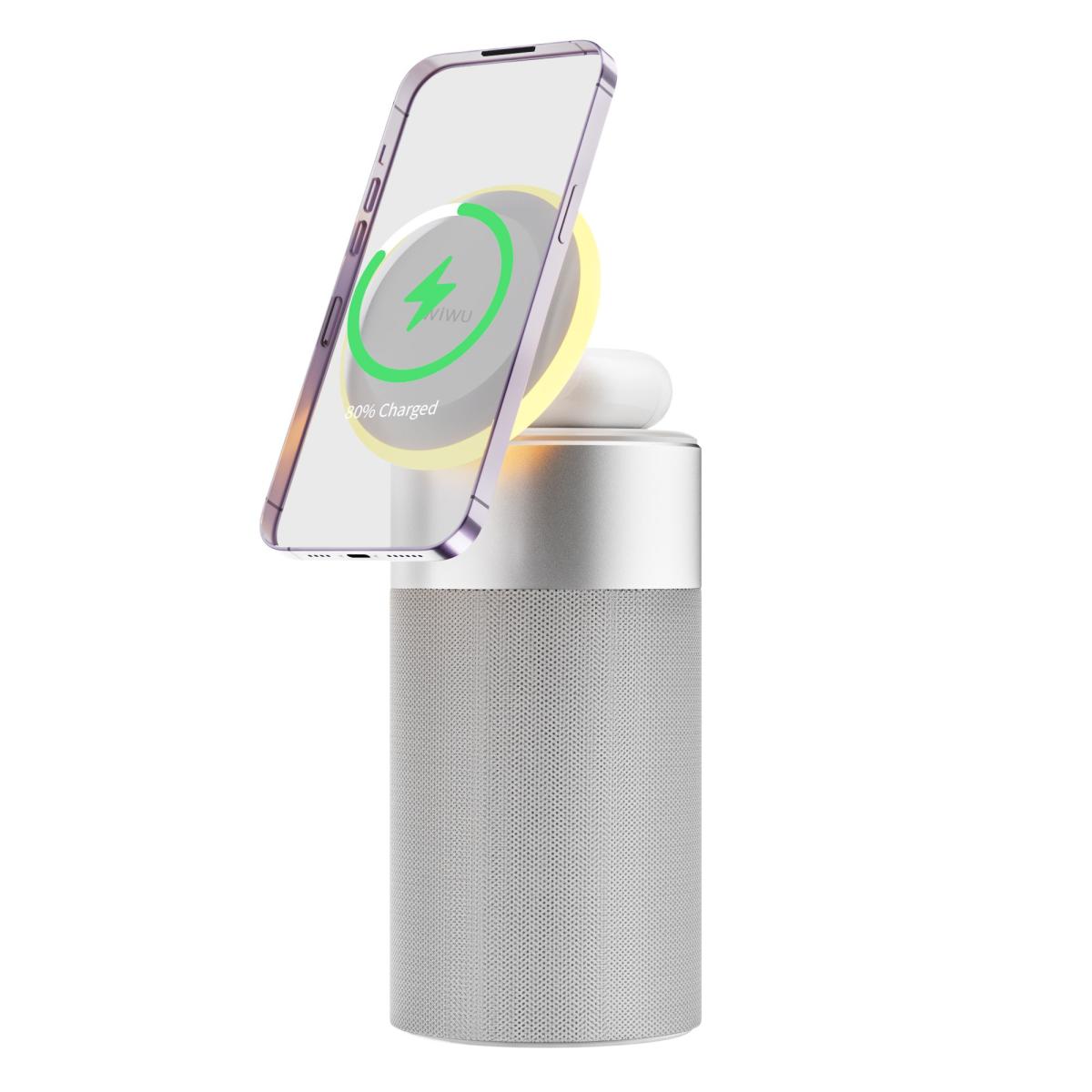 Wiwu Wi W022 3 In 1 Multifunional Wireless Charger 15w Fast Charging with Ambient Light Bluetooth Speaker 5w 360° Surround Sound White