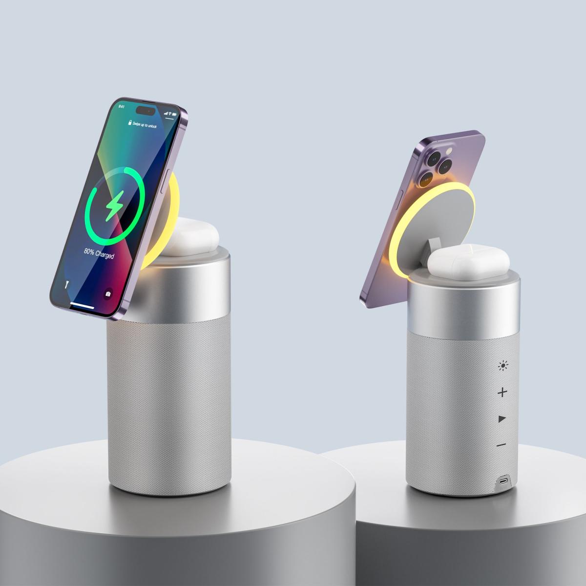 Wiwu Wi W022 3 In 1 Multifunional Wireless Charger 15w Fast Charging With Ambient Light Bluetooth Speaker 5w 360° Surround Sound White - CompuMe