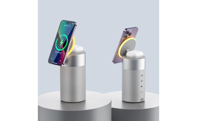 Wiwu Wi W022 3 In 1 Multifunional Wireless Charger 15w Fast Charging with Ambient Light Bluetooth Speaker 5w 360° Surround Sound White