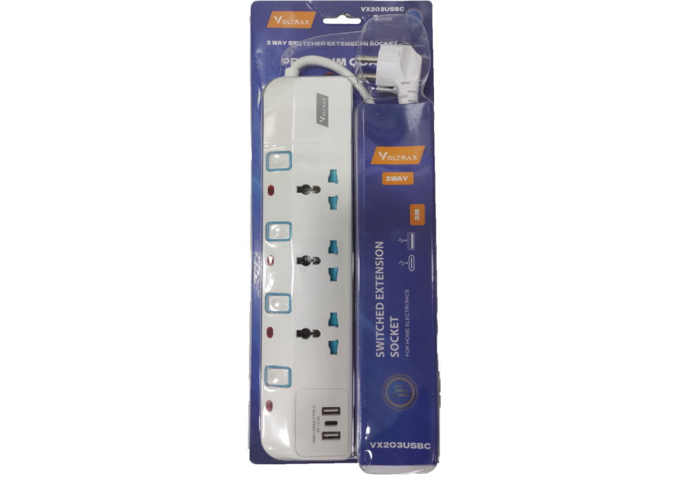 Voltrax 3m Extension 3 Socket 2 USB-A (VX203USBC) Power Strip