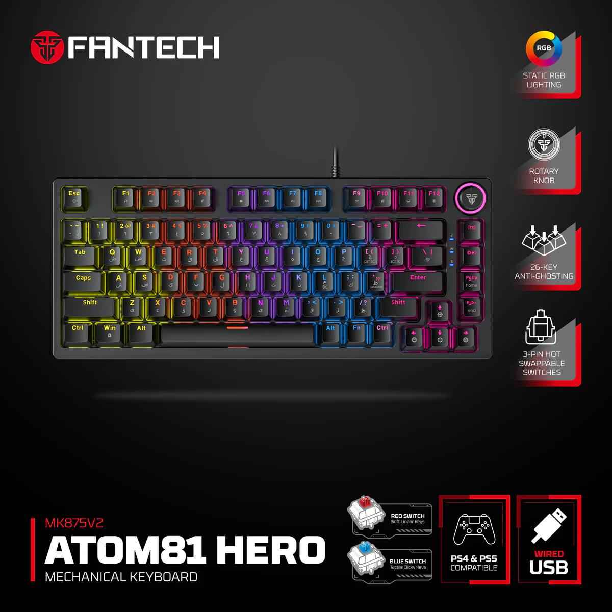 Fantech Hero MK875 V2 RGB Gaming Keyboard, (Black/Red Switch), Hot-Swappable For PS5 - PS4 - PC Compatible, 17 Lighting Modes (عربي) | MK875V2 ATOM81 HERO |