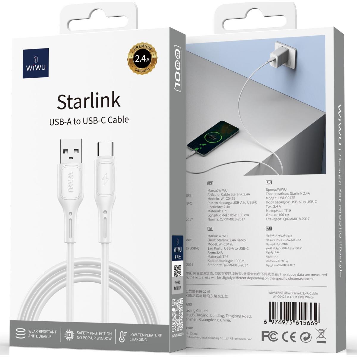 Wiwu Wi C042e A C 2.4a Charging Cable Usb A To Type C Data Transfer Cable 1m White - CompuMe