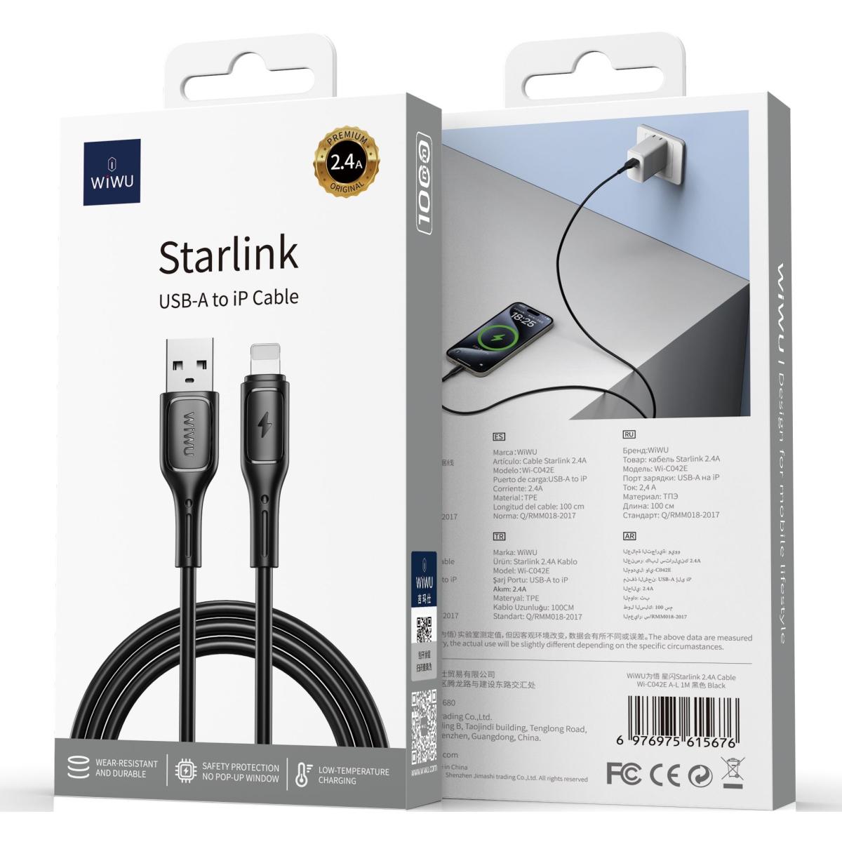 WiWU Wi-C042E A-L 2.4A Charging Cable USB - A to Lightning Data Transfer Cable 1M - Black