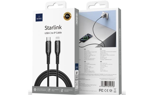 Wiwu Wi C04зe Starlink 30w Fast Charging Cable with USB - C to Lightning Cable, Fast Charging Durable Black