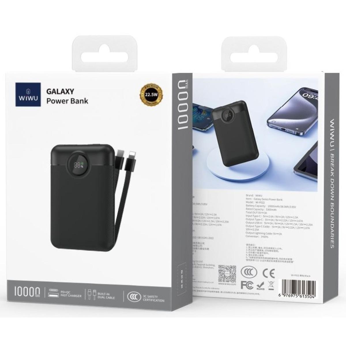 Wiwu Wi P022 Galaxy Power Bank 22.5w, 10000mah Fast Charging, with Dual Built In Charging Cable Type C + Lightning Black