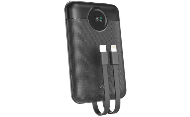 Wiwu Wi P022 Galaxy Power Bank 22.5w, 10000mah Fast Charging, with Dual Built In Charging Cable Type C + Lightning Black