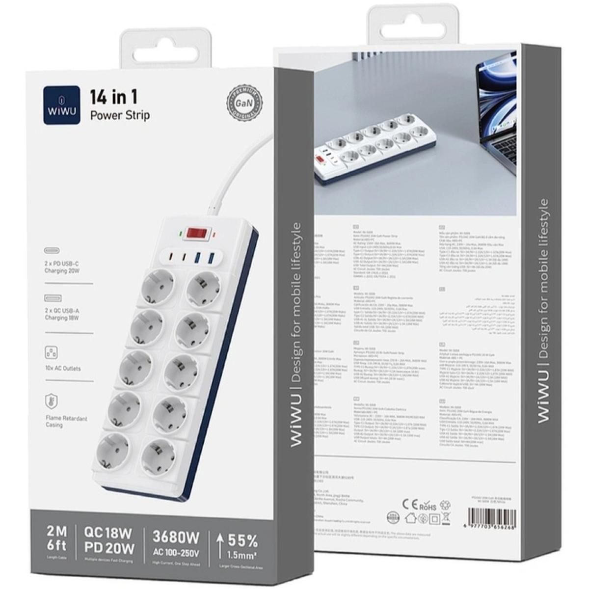 Wiwu Wi S008 Gan 14 In 1 High Capacity Power Strip, 230v~16a Max, 3680w Max, Output Interface: 2xtype C, 2x Usb A, 10xac, 2m White Wiwu Wi S008 Gan 14 In 1 High Capacity Power Strip, 230v~16a Max, 3680w Max, Output Interface: 2xtype C, 2x Usb A, 10xac, 2m White