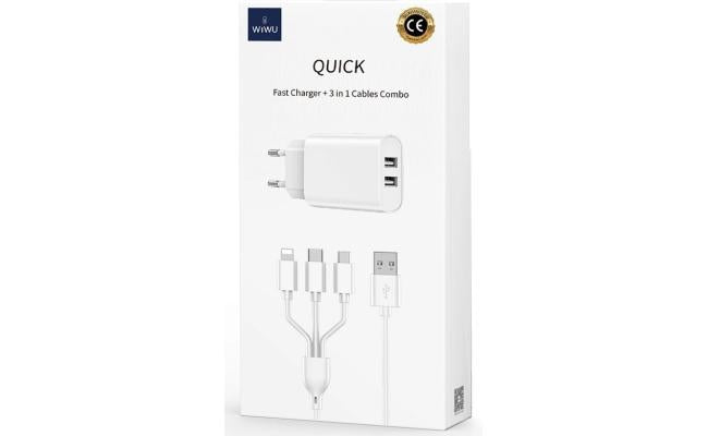 Wiwu Wi U003 Quick Series Dual Usb Charger With 3 In 1 Usb To Type C + Lightning + Micro, Charging Data Cable Set White Wiwu Wi U003 Quick Series Dual Usb Charger With 3 In 1 Usb To Type C + Lightning + Micro, Charging Data Cable Set White
