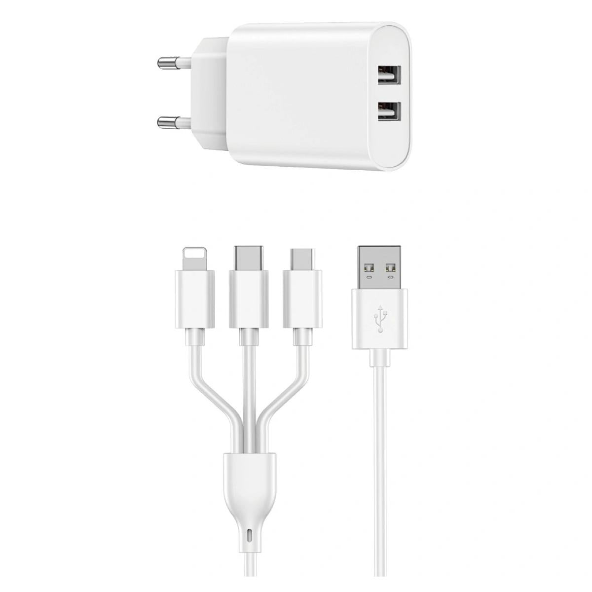 Wiwu Wi U003 Quick Series Dual Usb Charger With 3 In 1 Usb To Type C + Lightning + Micro, Charging Data Cable Set White Wiwu Wi U003 Quick Series Dual Usb Charger With 3 In 1 Usb To Type C + Lightning + Micro, Charging Data Cable Set White