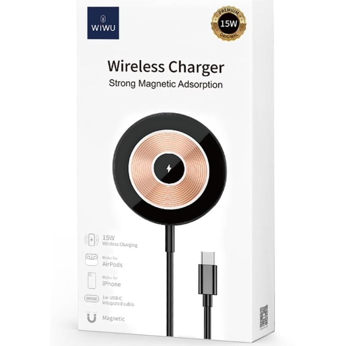 Wiwu Wi W007 Strong Magnetic Adsorption Wireless Charger 15w Type C 1m Cable For Iphone Black - CompuMe