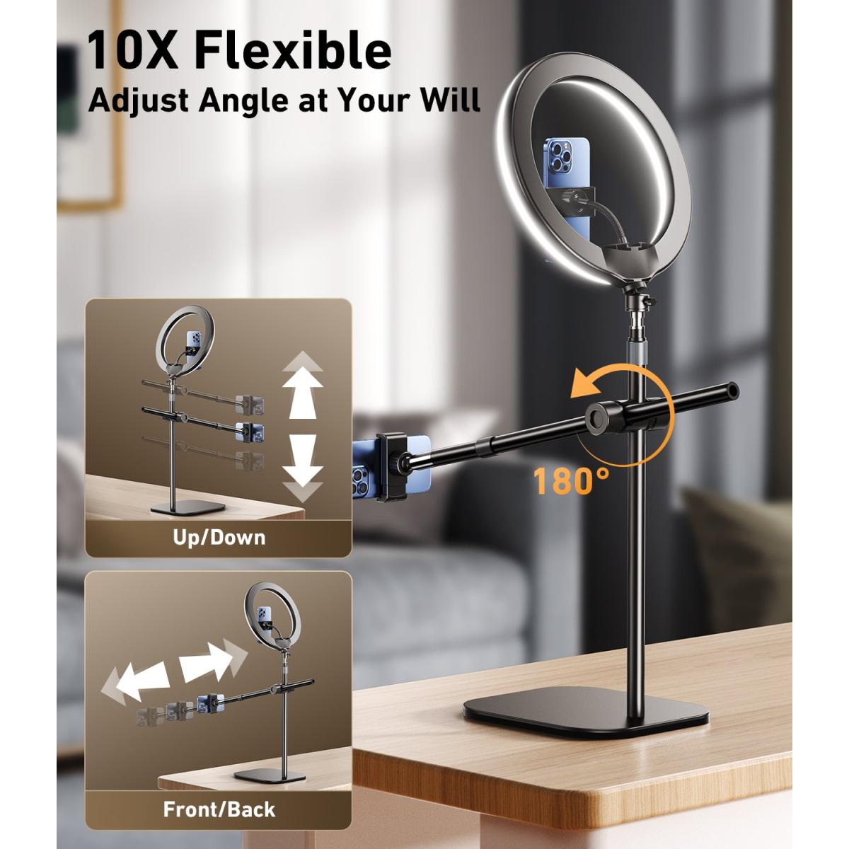 Rtako Zj FP02 Kit Overheard Phone Mount 55cm with Phone Clamp And Ring Light